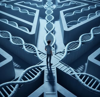 Conceptual image of a person navigating a maze, walls are formed by DNA strands, questioning free will versus genetic program