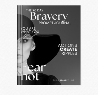 Bravery prompt journal cover with a woman in a hat, words fear not actions create ripples