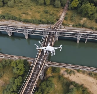 A drone with multiple rotors is flying against a bright white background. The structure of the drone is visible, showing intricate machinery and a mounted camera. Sunlight reflects off its metal parts, creating a lens flare effect.