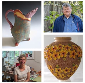 a grouping of artist photos and their work