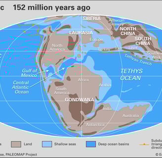 Map of the Tethys Sea, approximately 150 million years ago