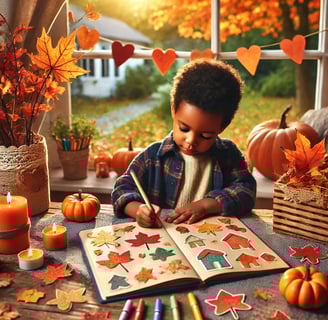 african american child sitting at a table with fall decorations writing in a fall journal