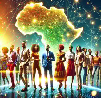 a group of young people standing in front of a map of africa