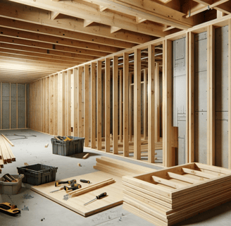 Basement under construction with wooden wall framing and partially installed drywall, showcasing a c