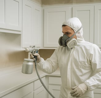 Professional painter spray-painting modern white kitchen cabinets while wearing protective gear.
