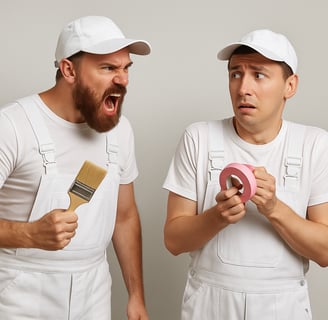 Angry old-school painter shouting at nervous decorator holding masking tape – Pure Perfection London