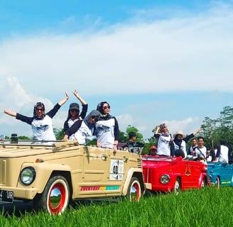 VW Safari borobudur melintasi persawahan yang ada di pedesaan dekat candi borobudur