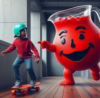 Kool-Aid man warns kid that skateboarding causes cancer.