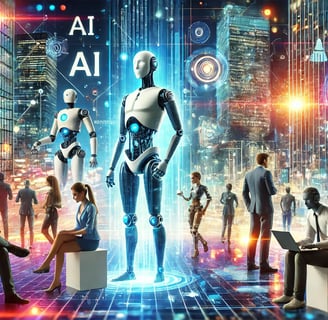Futuristic scene with glowing skyscrapers, robots, and entrepreneurs using holographic AI interfaces in a vibrant, high-tech