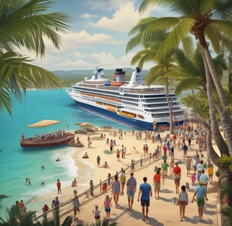 A large cruise ship is sailing through calm waters with a clear and minimalistic backdrop. The ship is mid-sized, featuring multiple decks and a sleek, modern design.