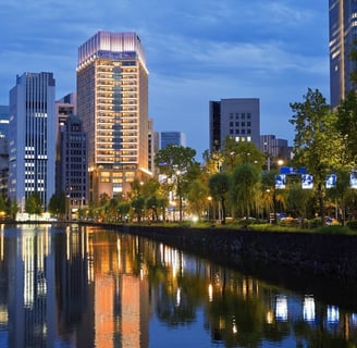 The Peninsula Tokyo exterior view from the lake