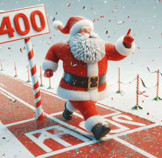 Santa clause crossing victory line with 400 number.
