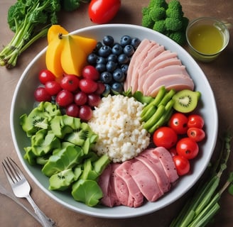 A hand holding a container of Labrada CREA LEAN strength creatine powder in front of a computer setup. The background includes a monitor displaying text, a colorful keyboard, a calculator, and a notepad with a pen.