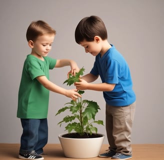 Several hands are holding various gardening and plant care products against a light background. These include a pink banner with bold red text, a bottle of plant spray, gardening tags, bottles of liquid fertilizer, and bags of plant soil labeled in German.