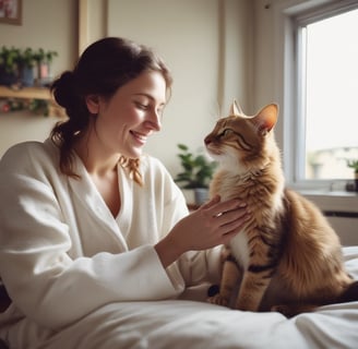 woman in white long sleeve shirt sitting on bed beside brown dog