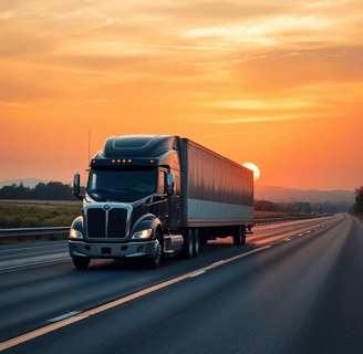a semi truck with a reefer driving down a highway at sunset