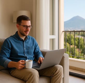 Uomo con laptop in soggiorno di casa vacanze, in smart working rilassato