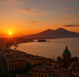 Tramonto estivo sul Golfo di Napoli con il Vesuvio in controluce