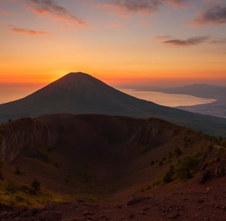 Panorama del Vesuvio al tramonto visto dal cratere, con cielo rosato e ombre sulle pendici
