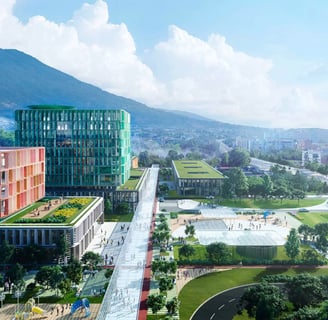 Rendering del nuovo Ospedale Santobono con aree verdi e ambienti colorati a Ponticelli"
