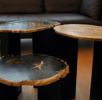 3 Petrified Wood Slices on metal bases as a coffee table