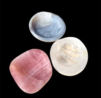 Three mineral bowls Agate, Crystal and Rose Quartz