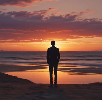 a man standing in a field with a sunset in the background
