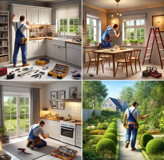 une personnes en salopette travaillant dans une maison dans diverses situations 