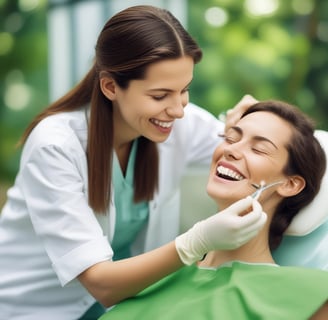 A person is sitting on a dentist's chair holding a round plaque, wearing a white coat and pink gloves in what appears to be a dental office. The room contains dental equipment and artwork depicting teeth.