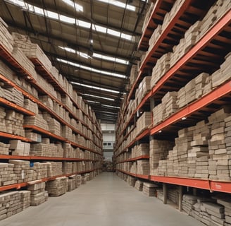 A light brown industrial building has a roof with several vents; in front of it are multiple stacks of wooden pallets and several large containers. In the foreground, there are two large piles of broken concrete and rubble.