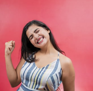 a Ads woman with a smile on her face and a red background