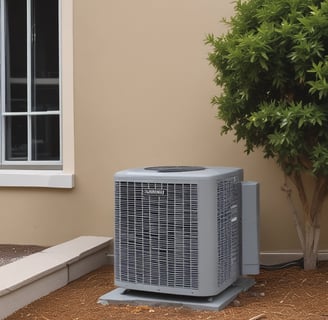 An air conditioning unit is mounted on the exterior wall of a building. Above it, a telecommunications tower reaches into the sky, surrounded by fluffy white clouds under a bright blue sky. The structure of the building is made of light-colored concrete and the air conditioning unit is metallic with visible fans and grills.