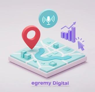 Mapa isométrico 3D con marcador de ubicación rojo, icono de micrófono, gráfico de barras ascendentes y cursor, marca Egremy D