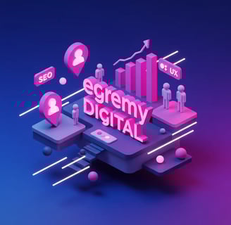 Ilustración isométrica 3D Egremy Digital con gráfico de barras, iconos SEO y UX y marcadores de usuarios.