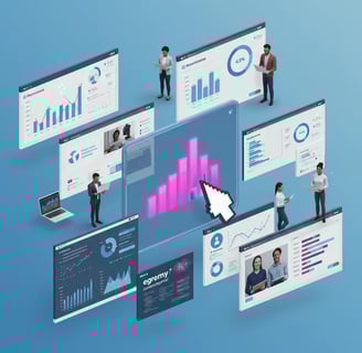 Dashboards de Egremy Digital con gráficos de barras y líneas, cursor e íconos de usuario, analítica de marketing digital.