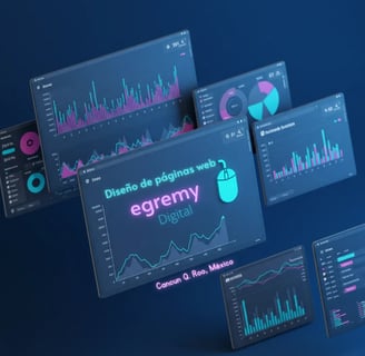 Dashboards 3D de Egremy Digital con diseño de páginas web y gráficos de analítica digital, ubicación Cancún Q. Roo, México.