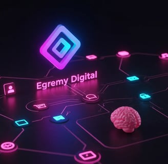 Logotipo Egremy Digital en neón sobre diagrama de red con iconos (usuario, carrito, candado) y cerebro 3D rosa, simboliza IA 
