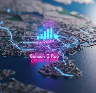 Mapa 3D de Cancún, Quintana Roo, con redes de datos iluminadas y logo Egremy Digital, simboliza analítica de marketing digita
