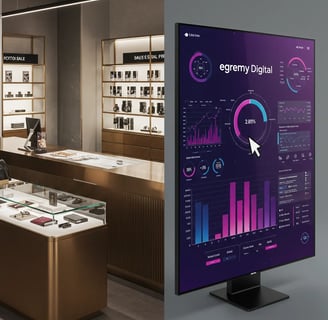 Tienda con máquina de ventas Egremy Digital: pantalla con gráficos de analítica de marketing digital y crecimiento de ventas