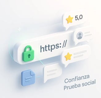 Barra de dirección con candado verde y “https://”, iconos de reseñas de 5 estrellas y comentarios de usuarios, simboliza conf