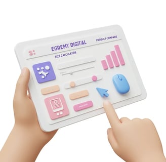 Manos sosteniendo una tablet con interfaz Egremy Digital: calculadora de tamaño, comparador de productos y controles deslizan