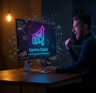 Hombre celebrando ante monitor Egremy Digital con gráficos de crecimiento, confeti y billetes, representa máquina de ventas d