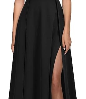 a woman wearing a black dress with a high neckline and a high slited