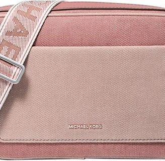 a pink and beige cross body bag with a pink and white cross bodysuit
