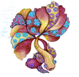 two brightly colored intertwined watercolor fish