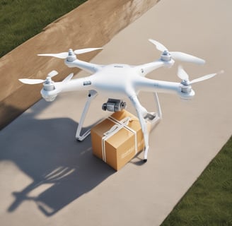 A drone hovers in the air with blurred trees and objects in the background, suggesting an outdoor setting. The drone's design includes visible propellers and a camera mounted at the front, indicating its potential use for aerial photography or videography.