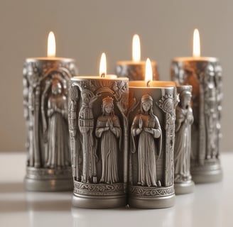 A variety of novelty prayer candles featuring illustrations of well-known figures with stylized backgrounds. They are displayed under a price sign offering them for sale with a special deal.