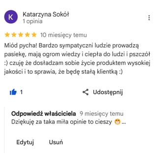Opinia z google maps dla pasieki miodex z Gorzowa Wlkp.