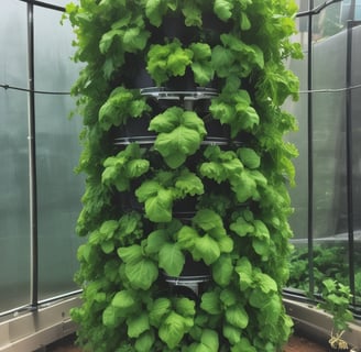 A greenhouse with glass walls and ceiling, filled with rows of green plants growing in soil. A hose is placed on the ground, running along the central path. The structure is lined with metal beams and the space is evenly lit with natural light.