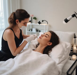 A serene spa setting with three beauty product tubes displayed prominently on a small round table. In the background, a person relaxing in a bathtub with a towel wrapped around their head and sunglasses.